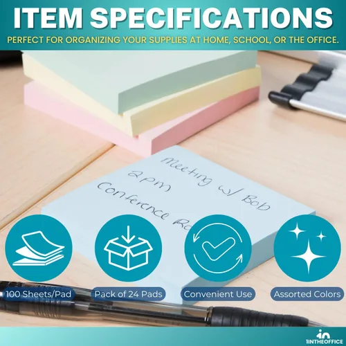 Miniatura 8 de 1InTheOffice Notas adhesivas pastel de 3 x 3, bloc de notas adhesivas, blocs de notas autoadhesivas, colores surtidos, 100 hojas, 24
