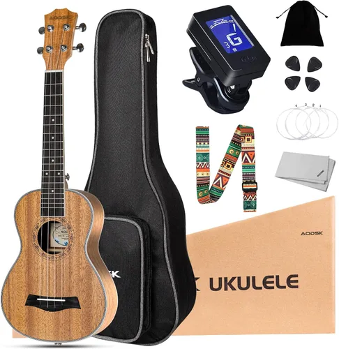 Miniatura 7 de AODSK Ukelele negro de concierto para principiantes de 23 pulgadas con correa para bolsa de concierto, cuerda de nailon, 4 púas, regalo de vacaciones