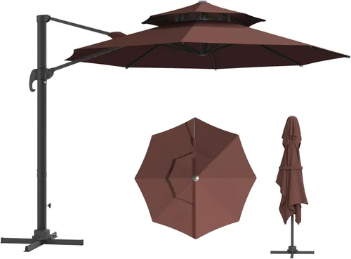 Outsunny 11ft Cantilever Patio Umbrella with Base, Double Top Hanging Aluminum Offset Umbrella with 360° Rotation, Easy Tilt, 8 Ribs, Crank, Cross