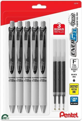 Pentel Energel Pearl Rtx - Bolígrafos retráctiles, punta fina de 0.020 in, punta de aguja, bolígrafos Energel de tinta de gel líquido, paquete de 5