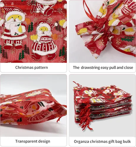 Miniatura 6 de Jexila - 24 bolsas de regalo de organza de Navidad de 4 x 6 pulgadas con cordón, 11 patrones mixtos, pequeñas bolsas de caramelos para fiestas
