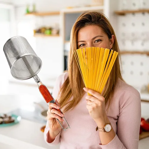 Miniatura 5 de Tessco - 4 coladores de pasta, 4.7 x 5.2 pulgadas, cesta de pasta de acero inoxidable con mango de madera, colador de araña, desnatador de cocina