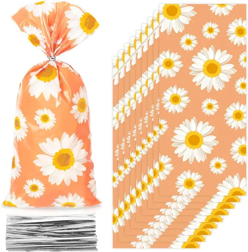 Whaline 160 bolsas de golosinas de celofán con flores de margaritas, bolsas de plástico para dulces, bolsas bohemias hippies para violonchelo con