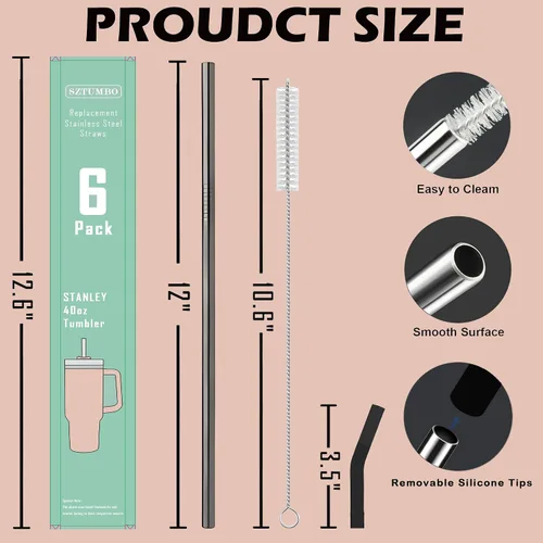 Miniatura 2 de 6 popotes rectos reutilizables de acero inoxidable de 12 pulgadas, con 6 puntas flexibles de silicona y 2 cepillos de limpieza, para vaso Stanley