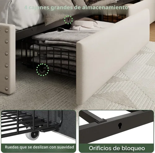 Miniatura 7 de Forestell Base de cama Queen con 4 cajones y cabecera de almacenamiento, base de cama tapizada tamaño Queen con luces LED y estación de carga, Beige
