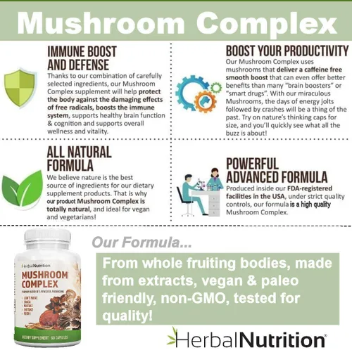 Miniatura 4 de Herbal Nutrition Complejo de hongos de 700 mg a 1400 mg. Los 5 hongos más potentes - Melena de león, Reishi, Chaga, Maitake, Shiitake - Apoya