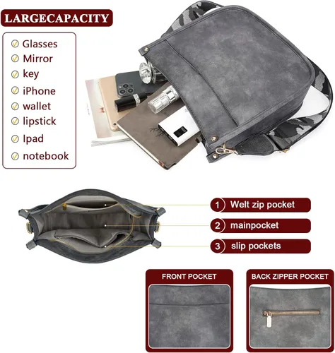 Miniatura 3 de HKCLUF Bolso cruzado para mujer, 2 piezas de cuero Hobo bolso con 2 correas ajustables de leopardo para guitarra