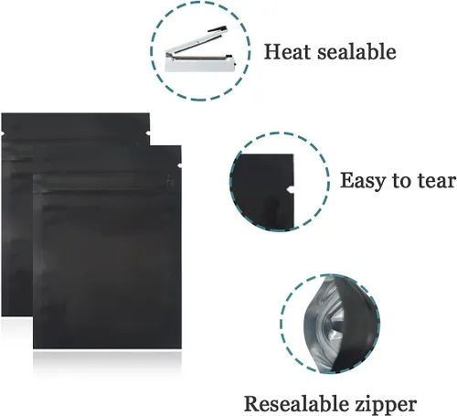 Miniatura 5 de PABCK 100 bolsas de Mylar negras resellables de 2.76 x 3.94 pulgadas, bolsa de almacenamiento de alimentos, bolsas planas de semillas de especias