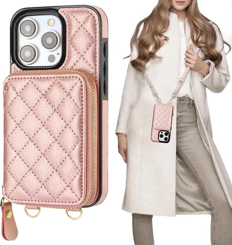 Miniatura 12 de Bocasal Funda tipo cartera cruzada para iPhone 15 Pro, Bolso Cartera con Cremallera de Cuero PU con Bloqueo RFID, Funda Tipo Libro con Tapa Blanco