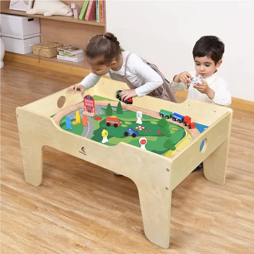Miniatura 2 de Mesa de Juego de Actividades Todo en Uno para Niños con 290 Ladrillos de Construcción y Set de Tren de Madera de 30 Piezas, Vías, Coches, Pista