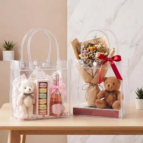Miniatura 6 de Saintrygo 50 bolsas de regalo de plástico transparente con asas, bolsas de regalo de plástico reutilizables de PVC, bolsa de regalo de plástico