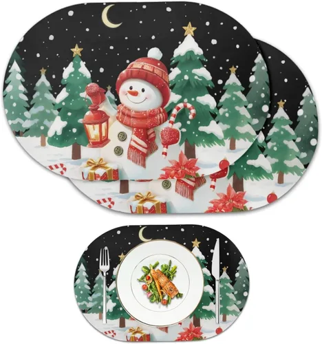 Miniatura 68 de Juego de 2 manteles individuales con luces de Navidad, resistentes al calor, antideslizantes, impermeables, a prueba de aceite, lavables, lavables