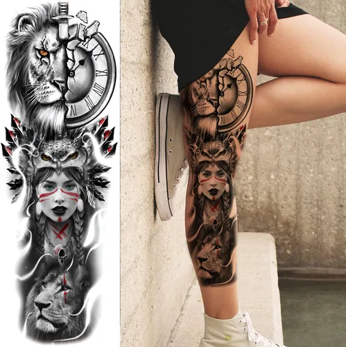 Miniatura 4 de Tatuajes de manga temporal de bosque para piernas de mujer, brazo completo, grande, leopardo, serpiente, león, lobo, tribal, manga de tatuaje falso