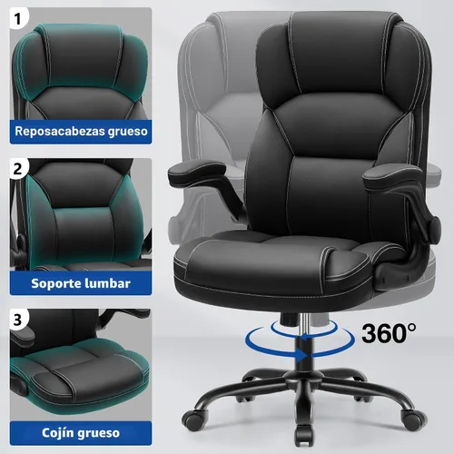 Miniatura 7 de Silla de oficina ejecutiva de cuero PU, silla ergonómica de respaldo alto para computadora y juegos con altura ajustable, giratoria con ruedas