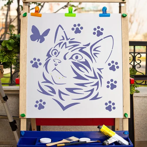 Miniatura 5 de GORGECRAFT Plantillas grandes de gato de 12 x 12 pulgadas, reutilizables, plantillas de animales para pared del hogar, mariposa, pata de gato
