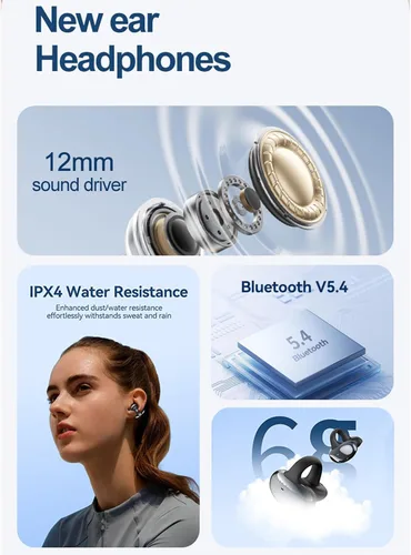 Miniatura 7 de Auriculares con clip de oreja abierta, auriculares inalámbricos Bluetooth 5.3 12 horas de reproducción, DT5.0 a prueba de fugas, micrófono