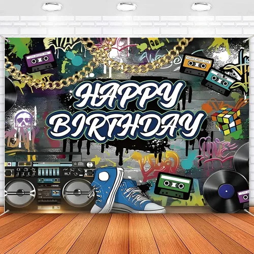 Pancarta de fondo de cumpleaños que brilla en la oscuridad, 7 x 5 pies, colorido graffiti, decoración de fiesta, decoración de fiesta de los años 80