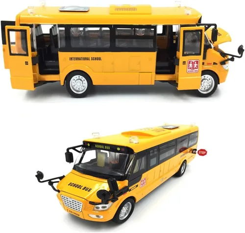 Miniatura 2 de Autobús escolar de retroceso de 9 pulgadas, vehículos de juguete de metal fundido a presión que se iluminan y hacen sonidos con amarillo brillante