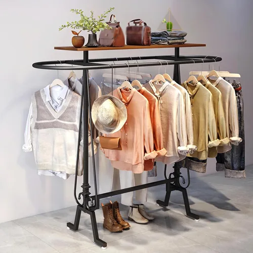 Miniatura 3 de Perchero redondo para ropa, estante de ropa comercial de pie, perchero ovalado de hierro para colgar ropa, para dormitorios, exhibición de Negro