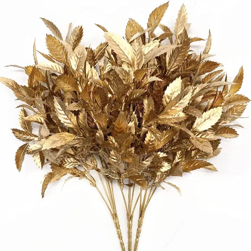 Miniatura 33 de CATTREE Plantas artificiales para decoración de Navidad, hierba de plástico dorado, hojas falsas, arbustos de simulación para interiores y Hojas