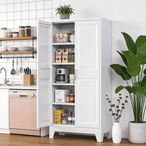 Miniatura 14 de Armario de despensa arqueado de metal blanco de 72.8 pulgadas para almacenamiento de cocina, armario alto de 2 puertas con 6 estantes ajustables