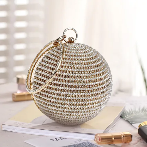 Miniatura 5 de Bolso de noche para mujer, bolso de mano redondo con cuentas de perlas, bolso de mano con diamantes de imitación