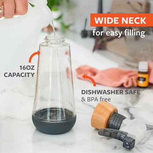 Miniatura 3 de Full Circle Botella de servicio recargable - Botella de spray de vidrio para limpieza - Opciones versátiles de chorro y neblina, bambú, tapón