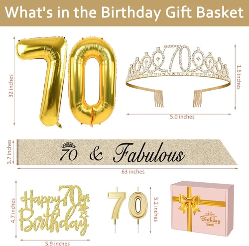 Miniatura 6 de Decoraciones doradas de 70 cumpleaños para mujer con banda y tiara de cumpleaños 70, adorno para pastel y velas, globos de números, regalos de 70