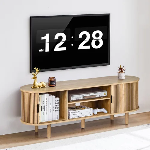 Miniatura 3 de Janmer Home Soporte de TV acanalado de 54 pulgadas con almacenamiento, consola de TV moderna de mediados de siglo con puertas correderas Tambour