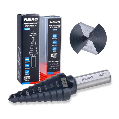 Miniatura 60 de NEIKO 10602B Step Drill Bit, 13 Steps 1/8" to 1/2" Spiral M35 Cobalt, AlTiSiN Coated, 1/4" Quick Change Step Bits for Steel, Metal, Wood, Plastic