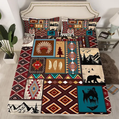 Miniatura 60 de Juego de ropa de cama de estilo bohemio occidental, tamaño individual, diseño de vaca atrapasueños, sábana bajera ajustable del suroeste, tribu