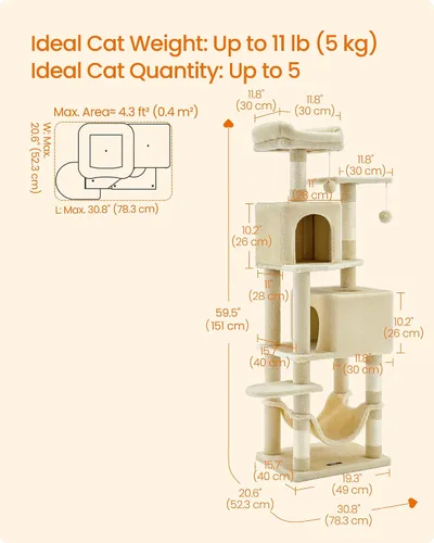 Miniatura 5 de Feandrea - Árbol para gatos de varios niveles para interiores, torre para gatos tipo condominio con 4 postes para rascar, 2 posaderos, hamaca y Beige