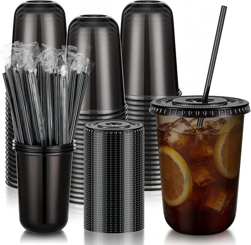 KesaPlan Paquete de 50 tazas de plástico negro de 16 onzas con tapas y pajitas, taza de café helado desechable con tapas, tazas de fondo redondo