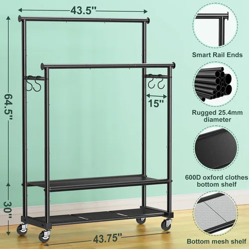 Miniatura 2 de Perchero de doble barra para colgar ropa, perchero de ropa resistente con ruedas, percheros de ropa independientes con estante inferior Oxford