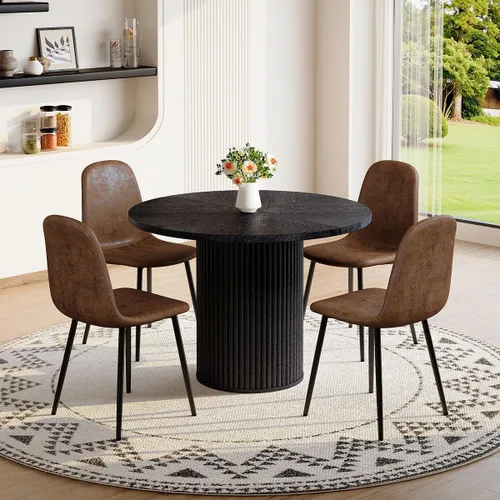 Miniatura 7 de Mesa de comedor redonda para 4-6, mesa de comedor negra con tablero de madera de 42'' y base de pedestal cilíndrico, mesa de cena redonda