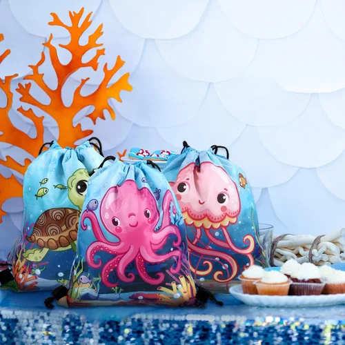 Miniatura 6 de Frienda 24 bolsas con cordón para recuerdos de fiesta oceánica, bolsas de dulces, mochila bajo el mar con criaturas para niños, suministros