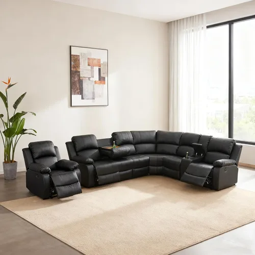 Miniatura 14 de Juego de sofá modular reclinable manual para sala de estar, sofá reclinable en forma de L, seccional de cuero con portavasos/almacenamiento