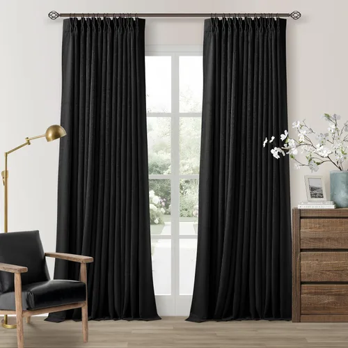 Miniatura 75 de Juego de 2 paneles de cortinas plisadas negras de 80 pulgadas para sala de estar, cortinas plisadas de lino con forro de 80 pulgadas de largo, 100%