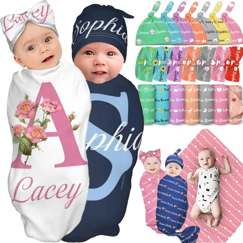 Miniatura 10 de Manta personalizada para bebé niña y niño con diadema de lazo y sombrero, manta personalizada con nombre para bebé, regalos para recién nacidos