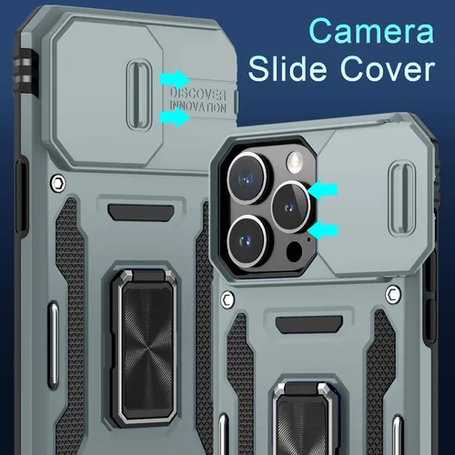 Miniatura 40 de DEERLAMN Funda para iPhone Xs Max con funda deslizante para cámara + protector de pantalla, soporte giratorio de anillo de grado militar a prueba