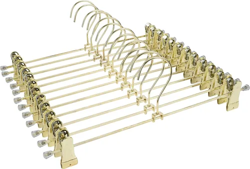 Miniatura 10 de Perchas de alambre de metal dorado de 13.8 pulgadas con clips ajustables, paquete de 30 perchas para pantalones con clips de metal, perfectas
