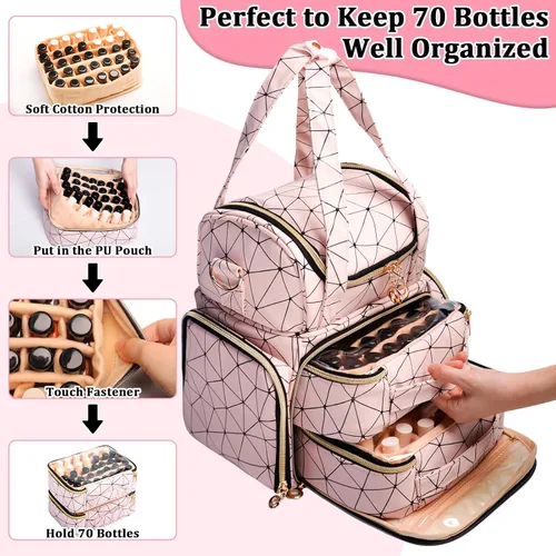 Miniatura 3 de Veirdro Bolsa organizadora de esmalte de uñas, almacenamiento de hombro de piel sintética con 2 fundas extraíbles y lámpara de uñas, capacidad