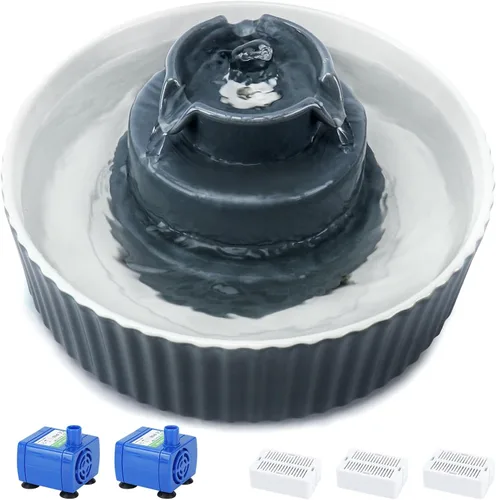Lawfery Fuente de agua de cerámica para gatos, fuente para gatos de 71 onzas con 3 filtros de carbono y 2 bombas silenciosas, dispensador de agua