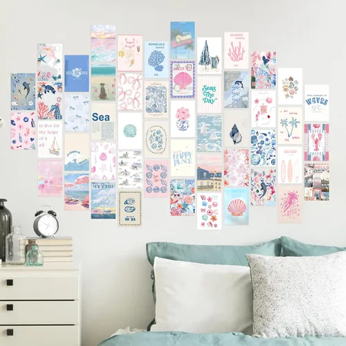 Miniatura 6 de KBKBART Decoración de habitación de nieta costera, kits de collage de pared rosa y azul, 50 piezas de 4 x 6 pulgadas, pósteres estéticos de pared