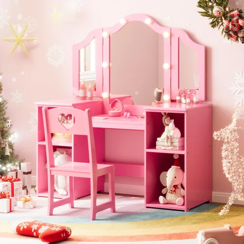 Miniatura 14 de GarveeHome Tocador para niños con luces, gabinete de almacenamiento y espejo plegable desmontable con luz táctil, juego de mesa y silla para niños