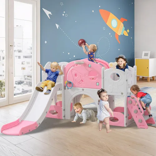 Miniatura 13 de Tobogán infantil 11 en 1, tobogán para niños pequeños de 1 a 3 años con telescopio, aro de baloncesto y telescopio, juego para interiores y Azul