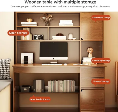 Miniatura 6 de HM&DX Escritorio para computadora de oficina en casa con gabinete, escritorio de estudio de madera con cajones, muebles modernos de madera