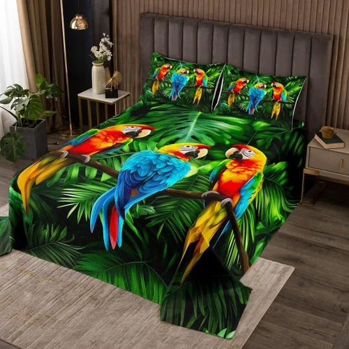 Erosebridal Juego de colcha de loros con plumas de animales en acuarela, juego de colcha de hojas de palma, plantas tropicales, pájaros, cómodo,
