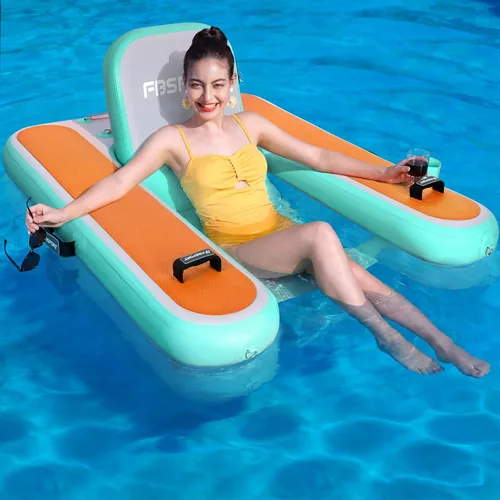 FBSPORT Tumbona inflable para piscina para adultos, silla flotante de agua, balsa flotante de piscina con soporte para tazas y respaldo para Verde