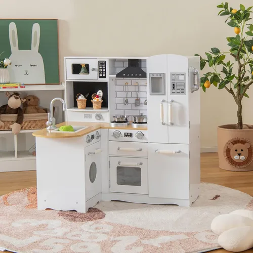Miniatura 2 de OLAKIDS Juego de cocina de esquina para niños, cocina de madera para niños pequeños con teléfono, microondas, refrigerador, dispensador de agua